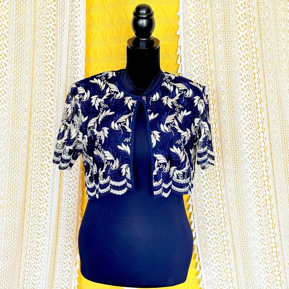 Vintage Ssada Sheer Navy & Metallic Floral Lace Bolero Cardigan Size M